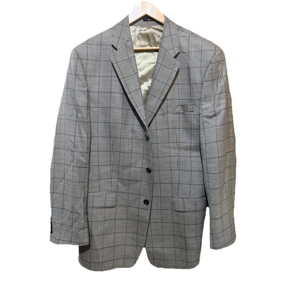 Calvin Klein Men's Silk‎ Wool Blazer Jacket Tan w Black Windowpane 44L EUC